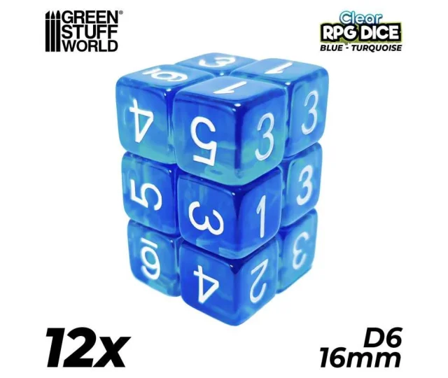 Green Stuff World – 12x D6 16mm Dice – Clear Blue/Turquoise Vásárold meg a Cardverse webshopban
