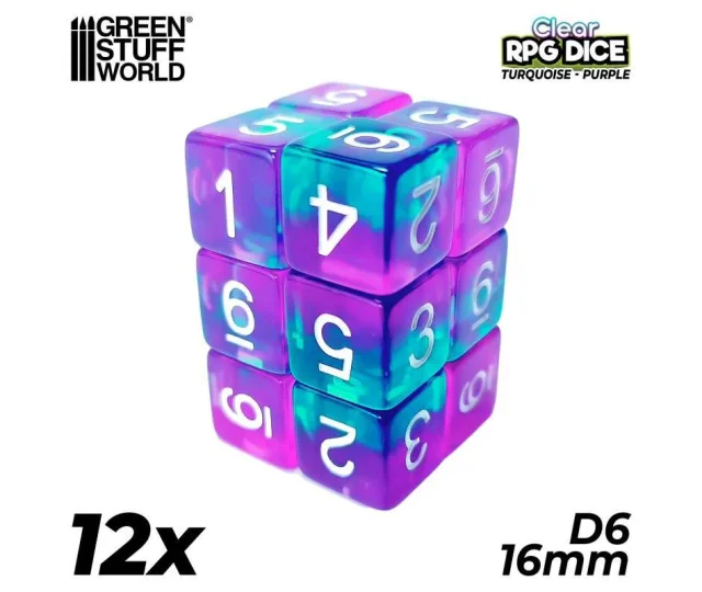 Green Stuff World – 12x D6 16mm Dice – Clear Turquoise/Purple Vásárold meg a Cardverse webshopban