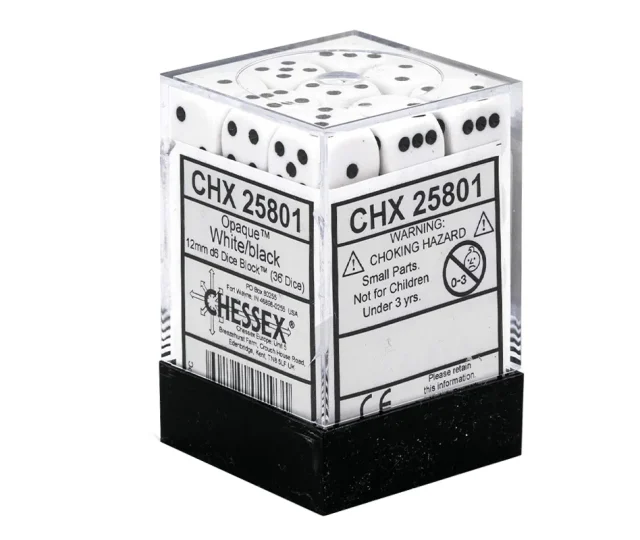 Chessex Dice D6 Set 12mm – White with black pips (36x) Vásárold meg a Cardverse webshopban