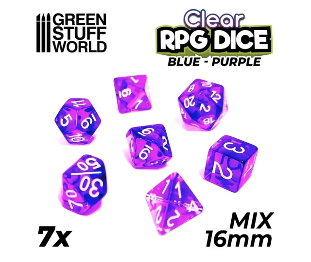 Green Stuff World – 7x Mix 16mm Dice – Clear Blue/Purple Vásárold meg a Cardverse webshopban