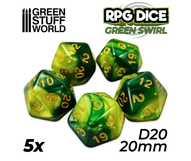 Green Stuff World – 5x D20 20mm Dice – Green Swirl Vásárold meg a Cardverse webshopban